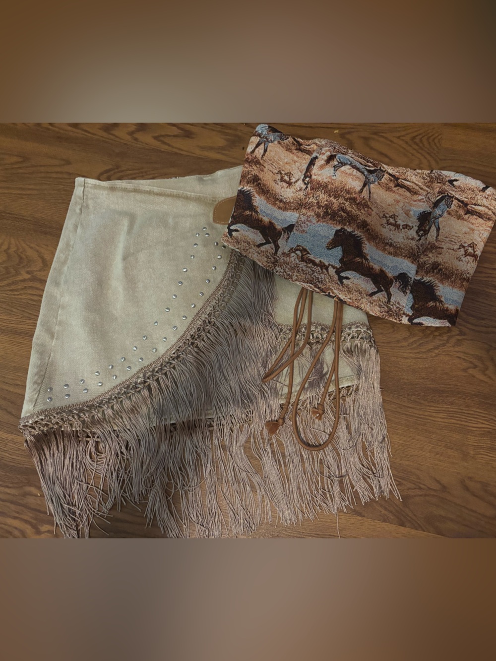 NWT blue b Fringe Mini Skirt in Beige with Stud Detail